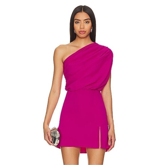 Amanda Uprichard REVOLVE Dupree Mini Dress Dark Hot Pink draped one shoulder S - Picture 1 of 8